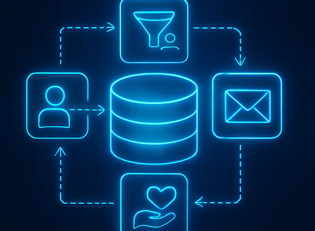 A glowing neon blue illustration of a data storage icon at the center, surrounded by funnel, email, user, and heart-in-hand icons connected in a circular flow on a dark grid background, symbolizing the customer journey in a digital marketing ecosystem.