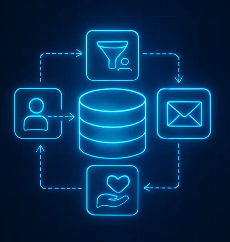 A glowing neon blue illustration of a data storage icon at the center, surrounded by funnel, email, user, and heart-in-hand icons connected in a circular flow on a dark grid background, symbolizing the customer journey in a digital marketing ecosystem.