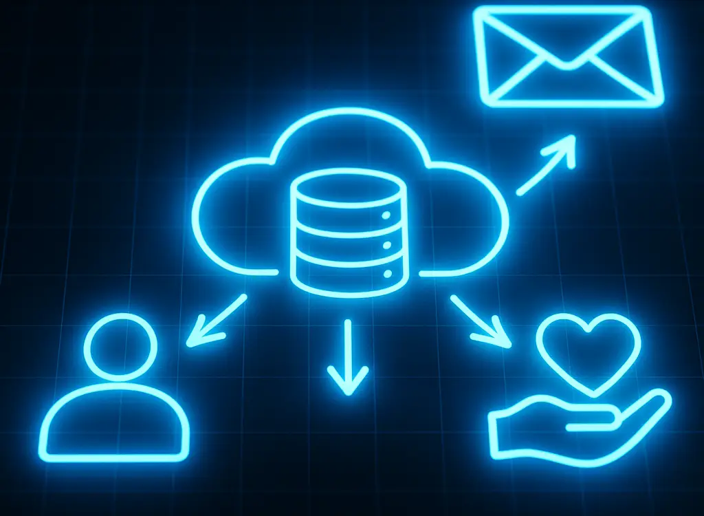 Glowing neon-blue illustration of Salesforce Data Cloud personalization, showing a central cloud and database icon connected to user profile, email, and loyalty icons, set against a dark grid background.