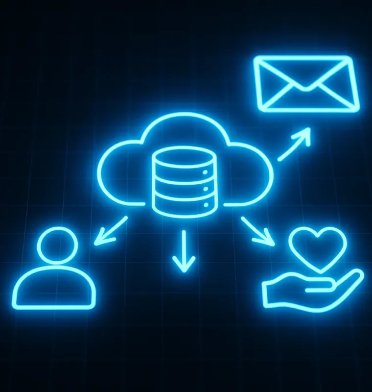 Glowing neon-blue illustration of Salesforce Data Cloud personalization, showing a central cloud and database icon connected to user profile, email, and loyalty icons, set against a dark grid background.