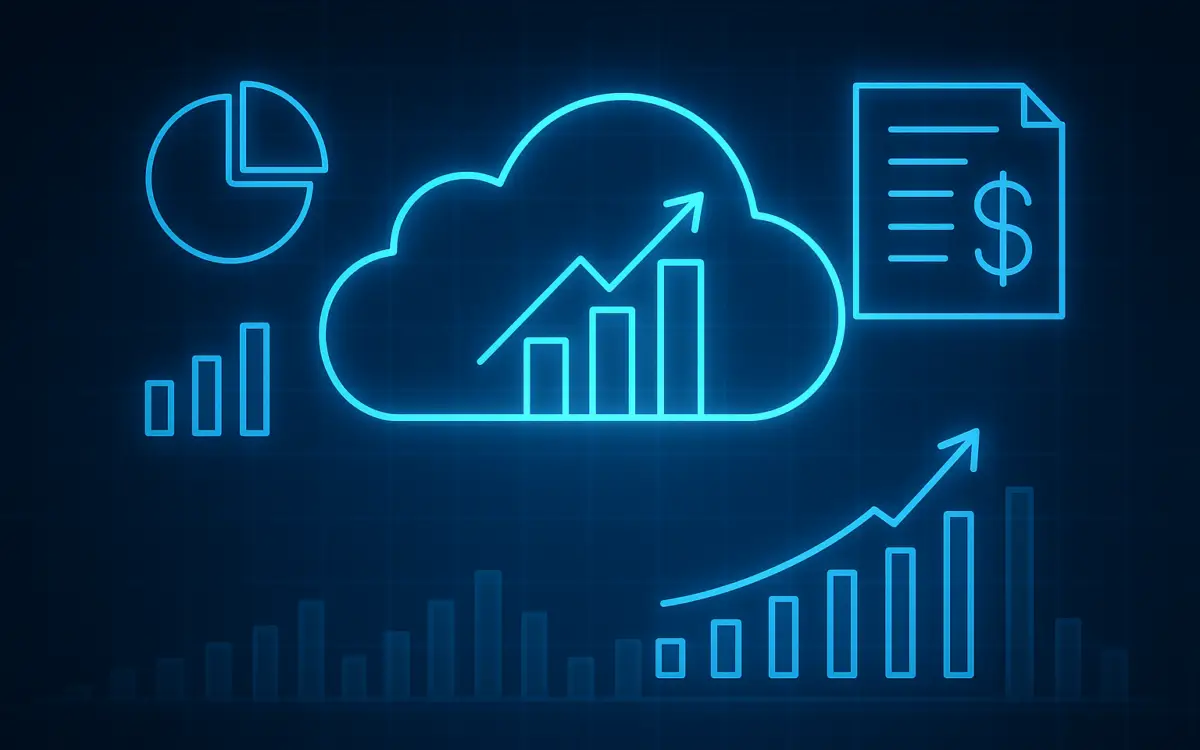 Glowing neon-blue digital illustration of cloud computing and data visualization icons including a cloud with bar charts, pie chart, upward trend lines, and a dollar document, representing Marketing Cloud campaign attribution with Salesforce Data Cloud.
