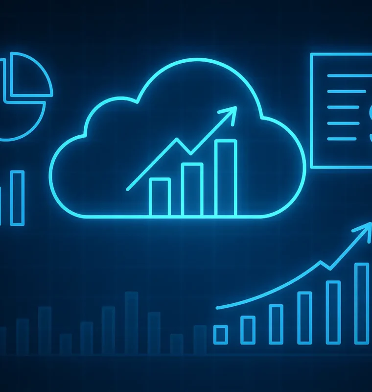 Glowing neon-blue digital illustration of cloud computing and data visualization icons including a cloud with bar charts, pie chart, upward trend lines, and a dollar document, representing Marketing Cloud campaign attribution with Salesforce Data Cloud.