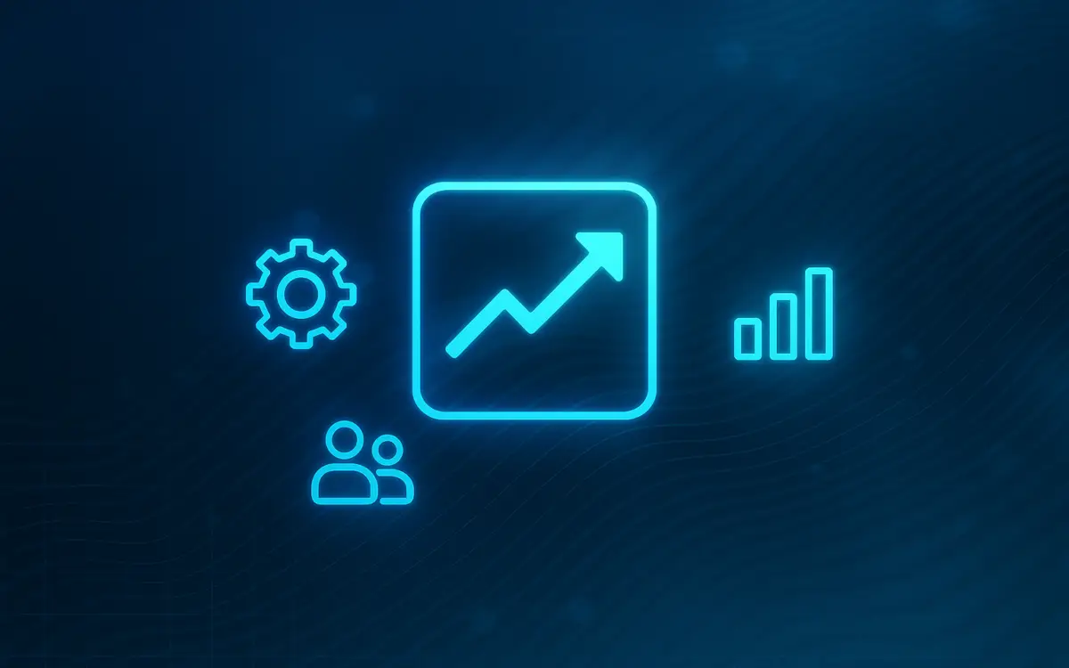 Glowing blue icons representing revenue growth, automation, team collaboration, and analytics on a tech-inspired dark background.