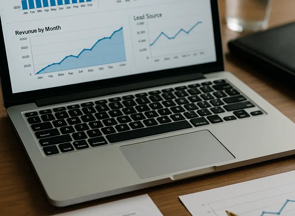 Laptop displaying sales dashboards with charts on performance, opportunities, and revenue, surrounded by printed reports, a pen, a notebook, and a glass of water on a wooden desk.