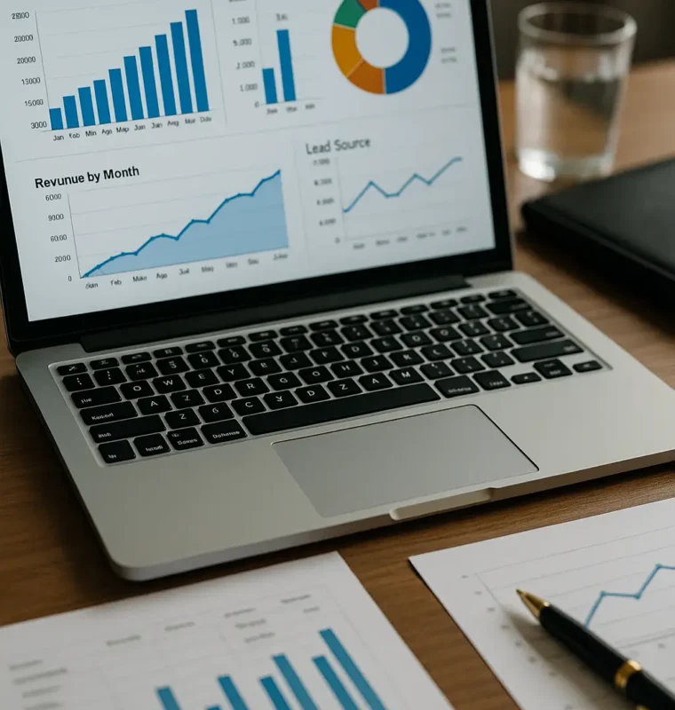 Laptop displaying sales dashboards with charts on performance, opportunities, and revenue, surrounded by printed reports, a pen, a notebook, and a glass of water on a wooden desk.