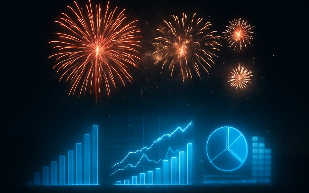 Fireworks explode in the night sky above glowing blue data visualizations—including bar charts, line graphs, and a pie chart—rising from a dark field, symbolizing celebration and data-driven growth.