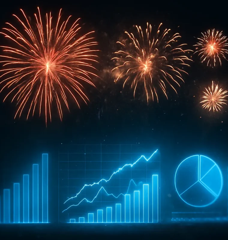 Fireworks explode in the night sky above glowing blue data visualizations—including bar charts, line graphs, and a pie chart—rising from a dark field, symbolizing celebration and data-driven growth.