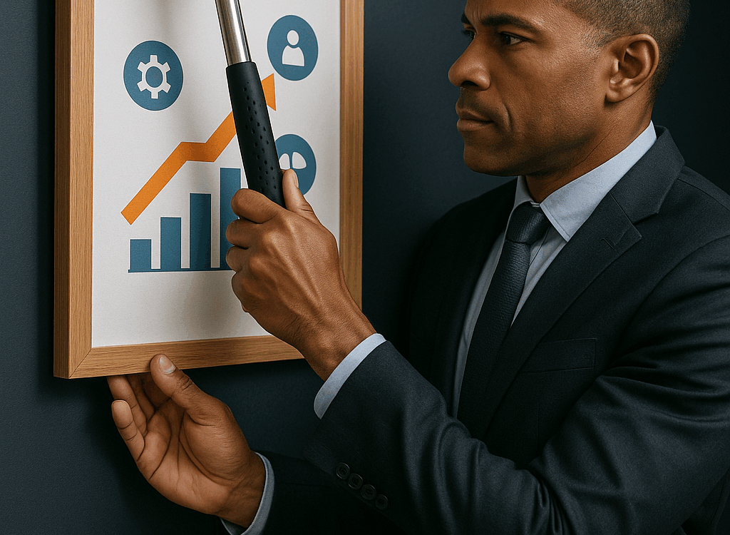 A professional African-American man in a navy suit uses a hammer to hang a wooden frame containing a business infographic with growth icons on a dark blue wall.