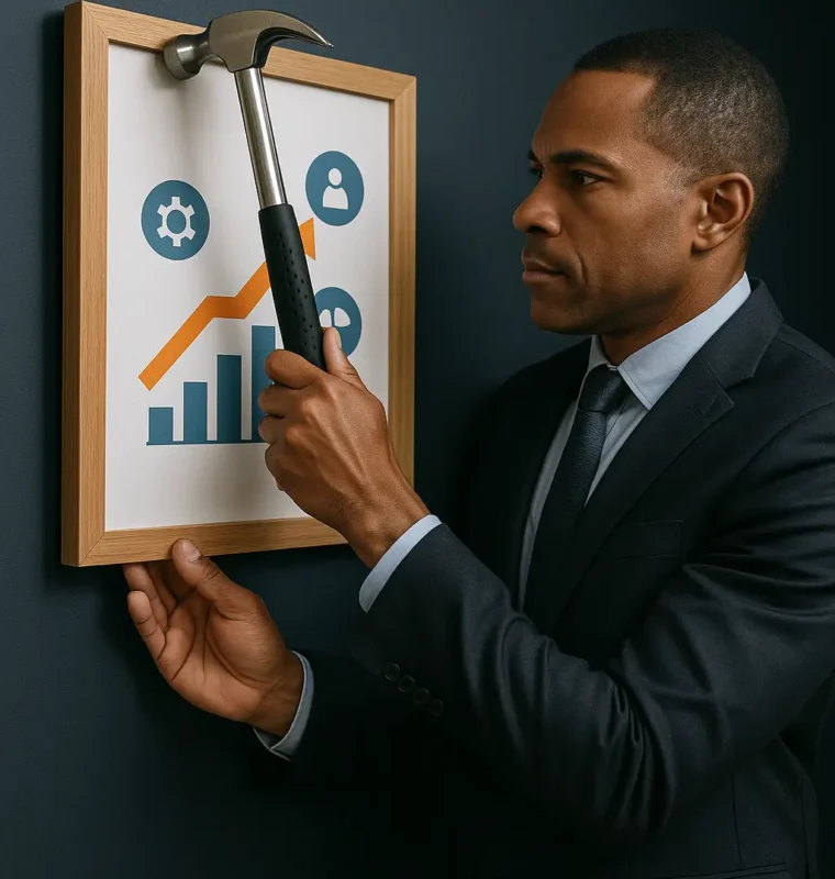 A professional African-American man in a navy suit uses a hammer to hang a wooden frame containing a business infographic with growth icons on a dark blue wall.