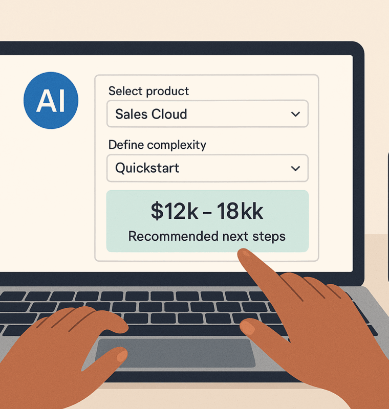 A flat-design illustration of hands interacting with a laptop screen that displays an AI-powered Salesforce quoting interface, showing dropdowns for product and complexity selection, a pricing estimate, and a mobile phone notification.