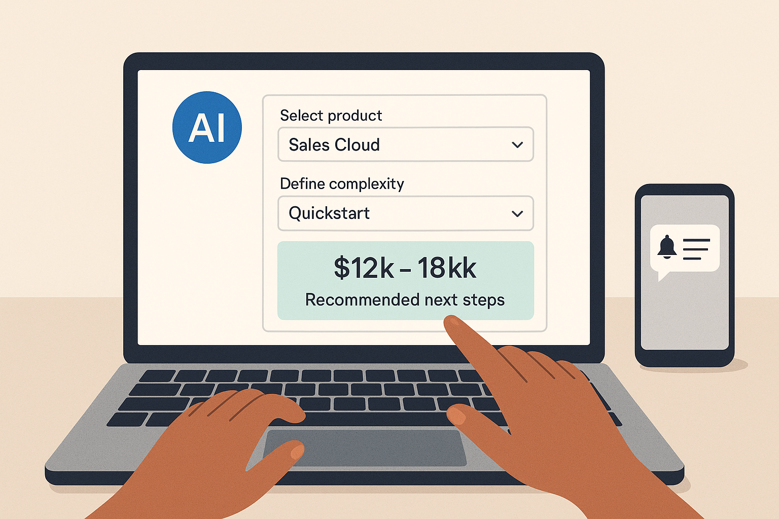A flat-design illustration of hands interacting with a laptop screen that displays an AI-powered Salesforce quoting interface, showing dropdowns for product and complexity selection, a pricing estimate, and a mobile phone notification.