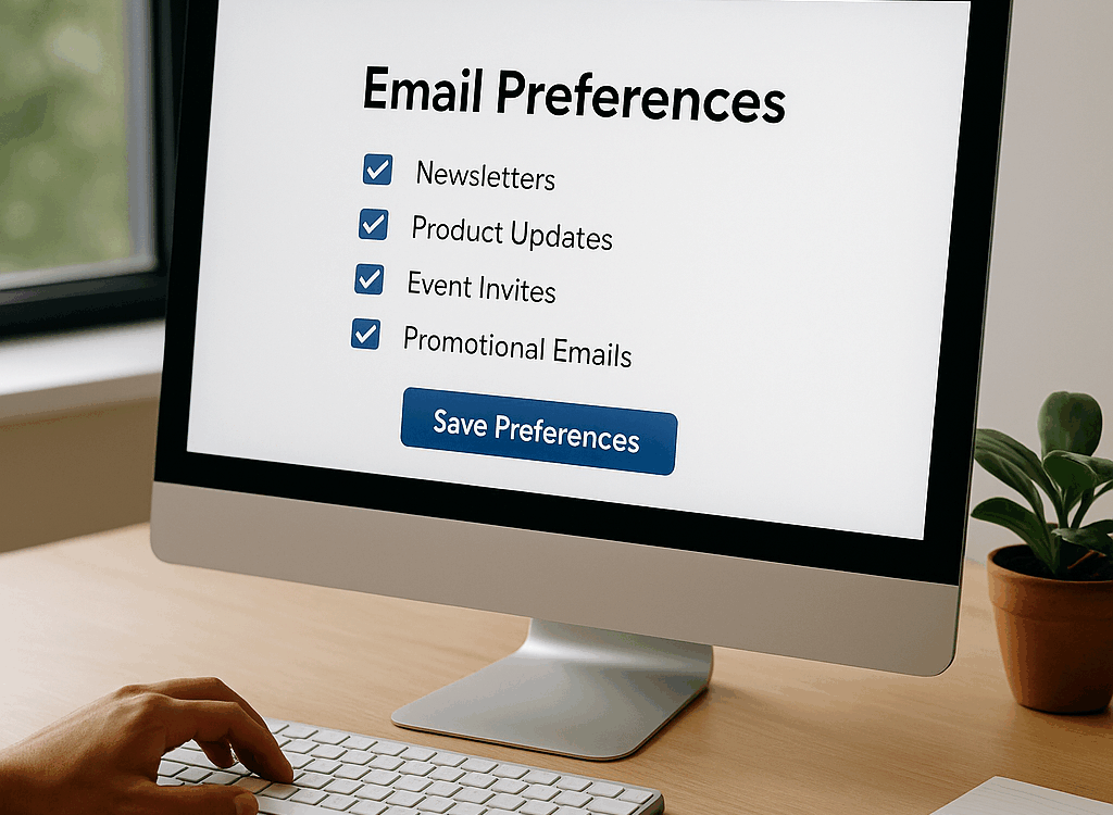 Computer monitor displaying an email preferences form with checkboxes, on a clean desk with keyboard, mouse, and potted plant.