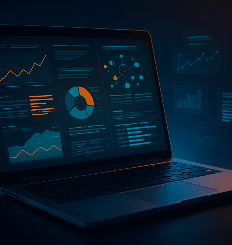 Laptop displaying glowing data dashboards with blue and orange charts in a dark, high-tech setting.