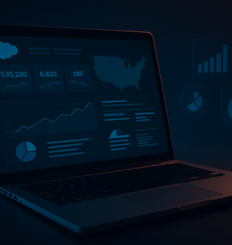 Laptop displaying glowing Salesforce dashboards with charts, graphs, and U.S. map visualizations in a dark, ambient tech environment.