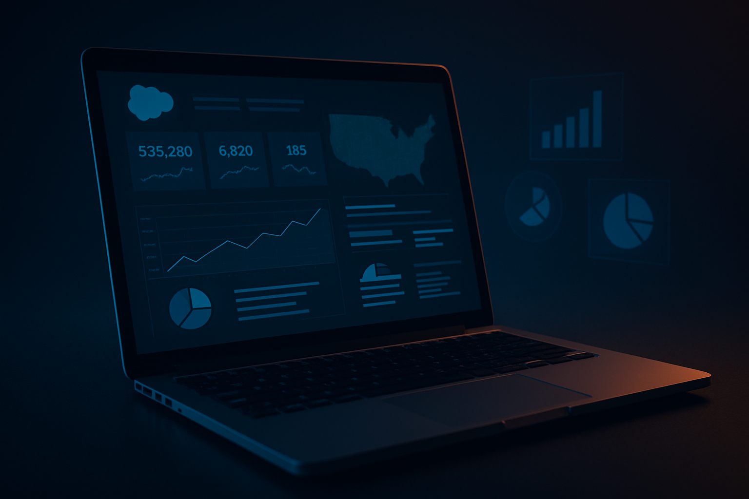 Laptop displaying glowing Salesforce dashboards with charts, graphs, and U.S. map visualizations in a dark, ambient tech environment.