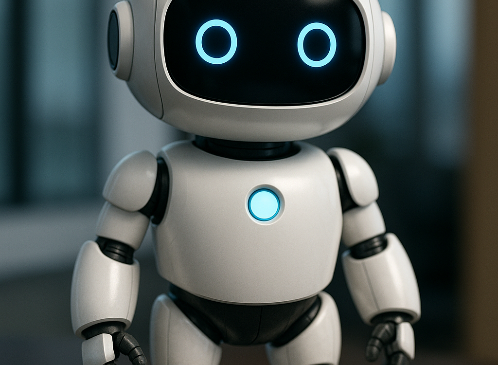 Friendly 3D robot assistant standing on a wooden desk in a modern office setting, with glowing blue eyes and a smooth white body.
