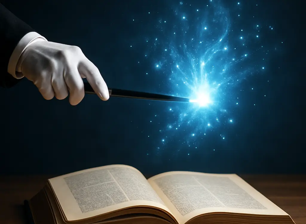A magician’s gloved hand holding a wand conjures a glowing burst of blue light above an open book on a wooden table, with sparkling particles illuminating the dark background.