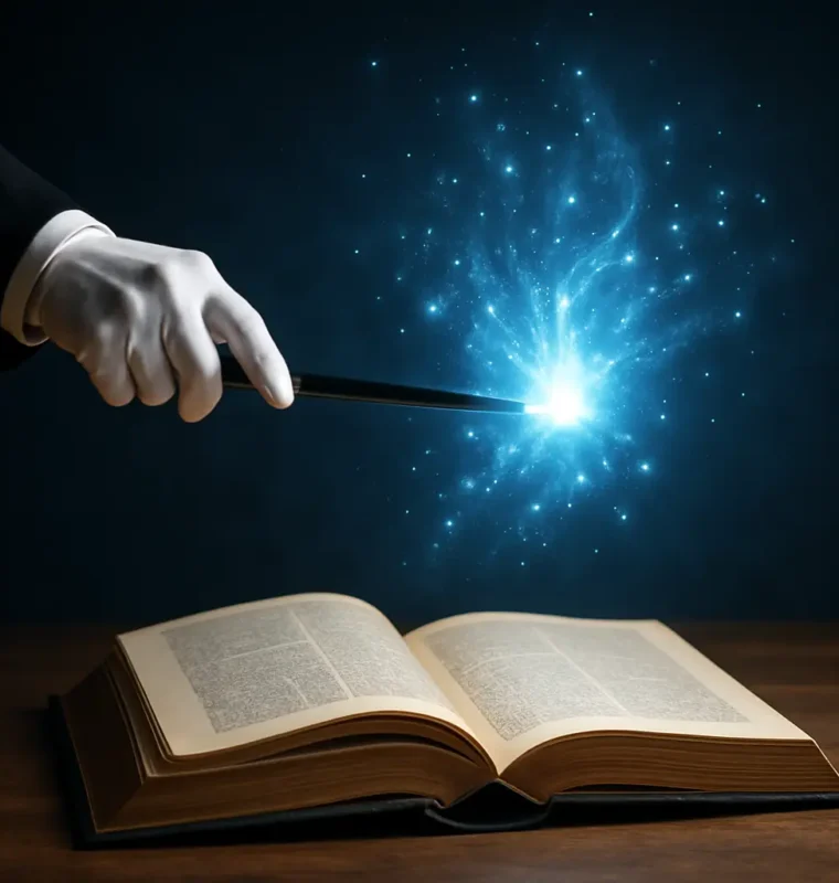 A magician’s gloved hand holding a wand conjures a glowing burst of blue light above an open book on a wooden table, with sparkling particles illuminating the dark background.