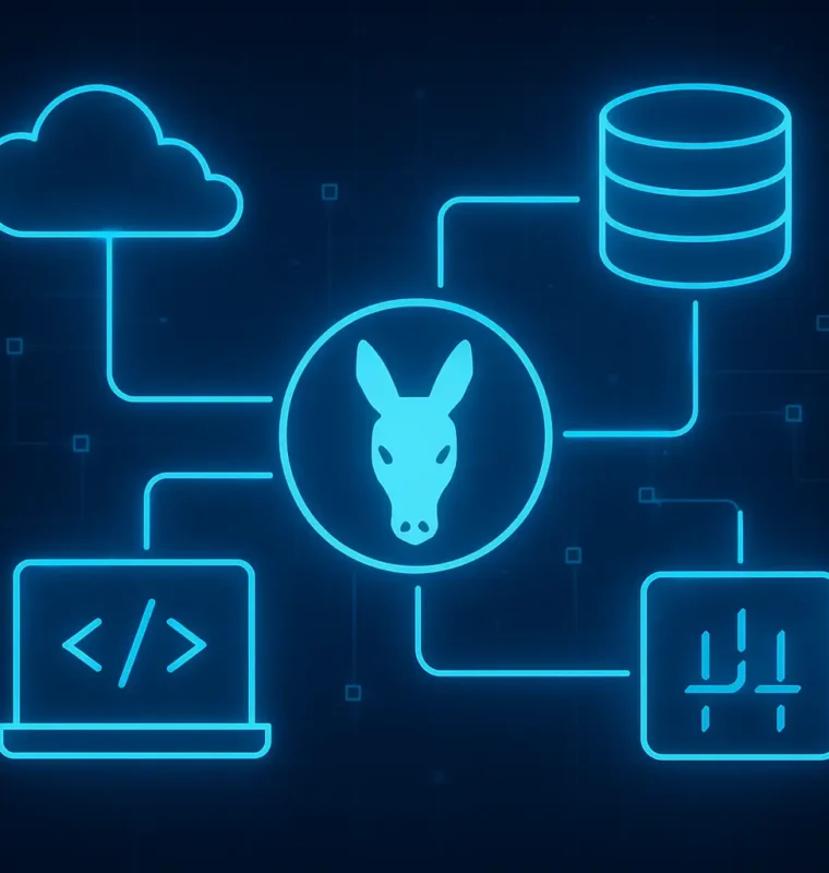 Futuristic illustration of a mule’s head surrounded by glowing icons representing cloud computing, code, databases, and system integration, all interconnected on a dark tech grid background.