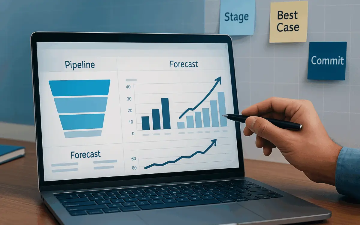 Laptop showing pipeline funnel and forecast charts as a hand points with a pen; sticky notes read Stage, Best Case, Commit.