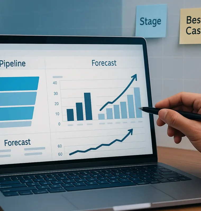 Laptop showing pipeline funnel and forecast charts as a hand points with a pen; sticky notes read Stage, Best Case, Commit.