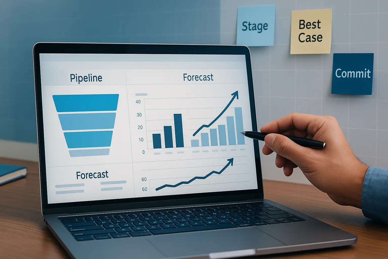 Laptop showing pipeline funnel and forecast charts as a hand points with a pen; sticky notes read Stage, Best Case, Commit.