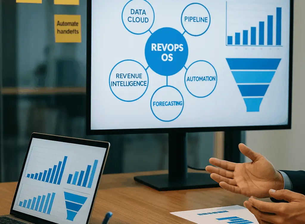 Two professionals review a screen labeled “RevOps OS” with nodes for Data Cloud, Pipeline, Automation, Forecasting, and Revenue Intelligence, while charts display on a nearby laptop.