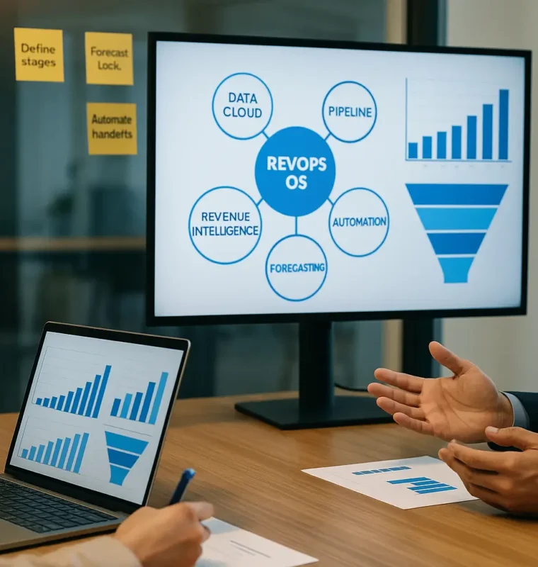 Two professionals review a screen labeled “RevOps OS” with nodes for Data Cloud, Pipeline, Automation, Forecasting, and Revenue Intelligence, while charts display on a nearby laptop.