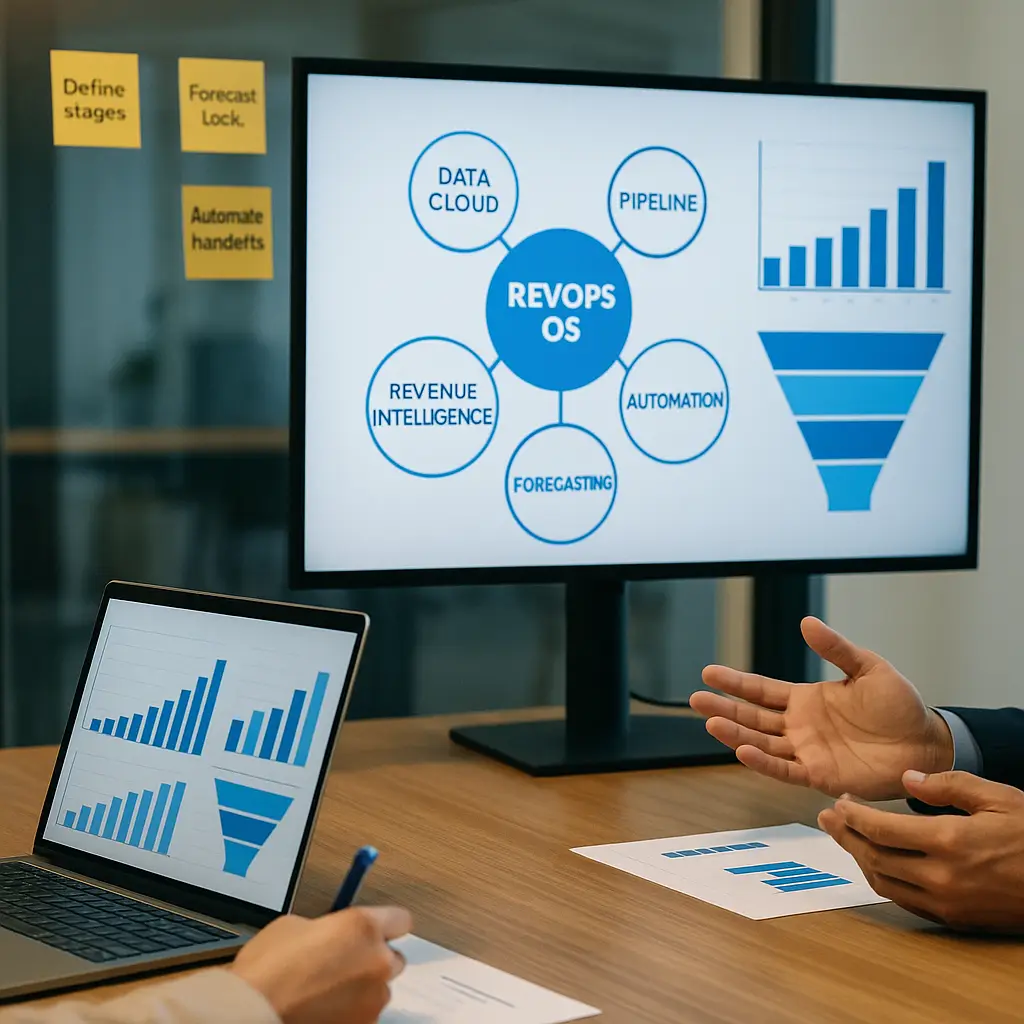 Two professionals review a screen labeled “RevOps OS” with nodes for Data Cloud, Pipeline, Automation, Forecasting, and Revenue Intelligence, while charts display on a nearby laptop.