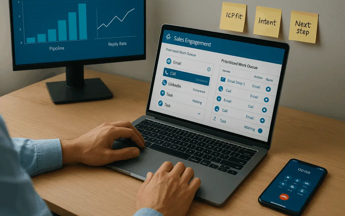 Sales professional using a laptop with a “Sales Engagement” dashboard and work queue; phone call active; monitor shows pipeline and reply-rate charts.