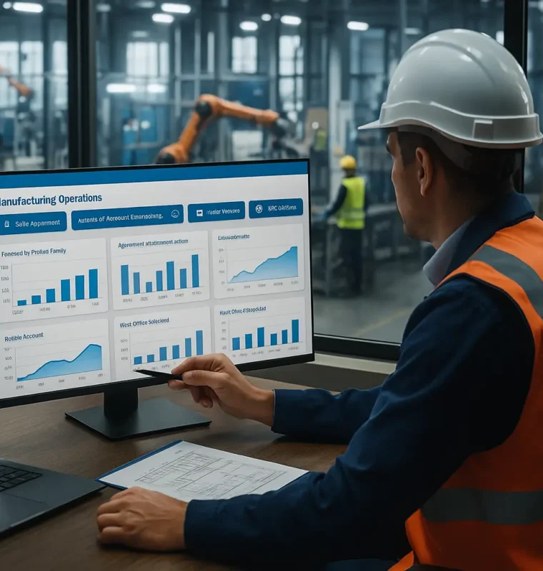 Operations manager in hard hat and safety vest reviews manufacturing dashboards on a desktop monitor overlooking a factory floor with workers and robotic arms.