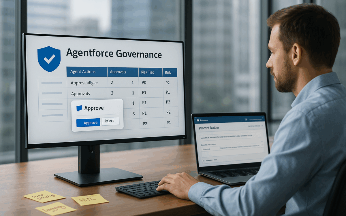 Professional at a desk reviews an “Agentforce Governance” dashboard on a monitor with an approval dialog, while a laptop shows Prompt Builder; sticky notes and a city skyline are in the background.