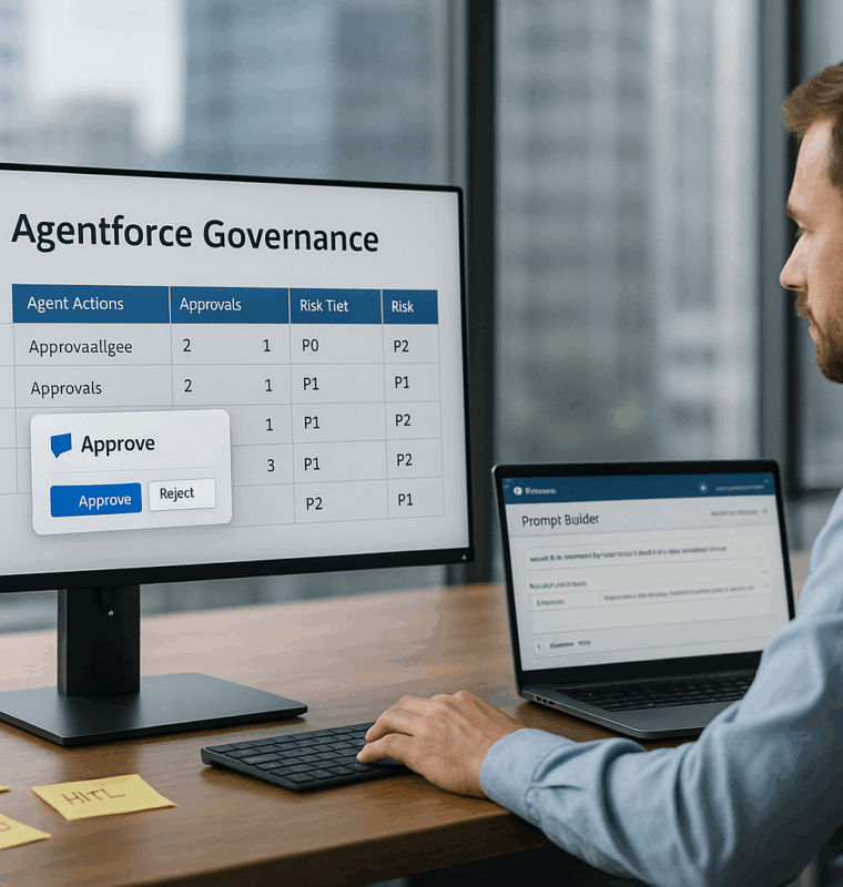 Professional at a desk reviews an “Agentforce Governance” dashboard on a monitor with an approval dialog, while a laptop shows Prompt Builder; sticky notes and a city skyline are in the background.