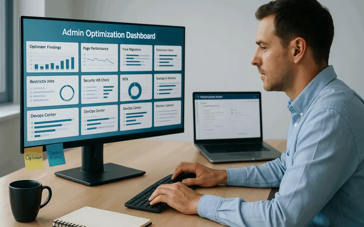 Salesforce admin at a desk reviews an “Admin Optimization Dashboard” on a monitor—charts for Optimizer, Page Performance, Flows, MFA, Backup, DevOps—while a laptop shows Setup.