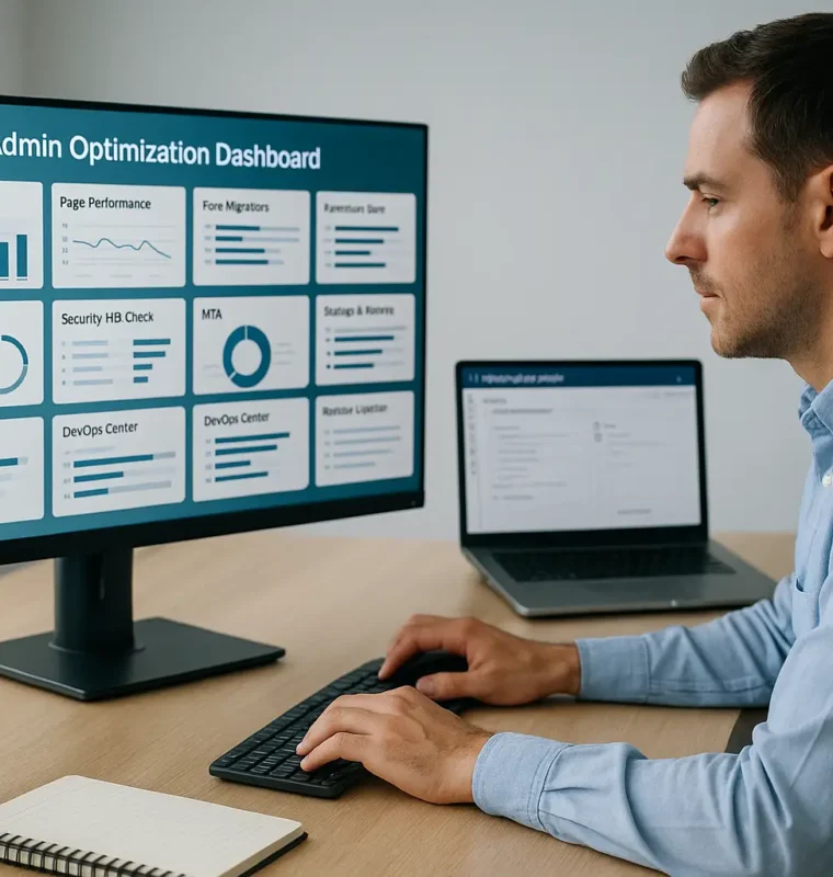 Salesforce admin at a desk reviews an “Admin Optimization Dashboard” on a monitor—charts for Optimizer, Page Performance, Flows, MFA, Backup, DevOps—while a laptop shows Setup.