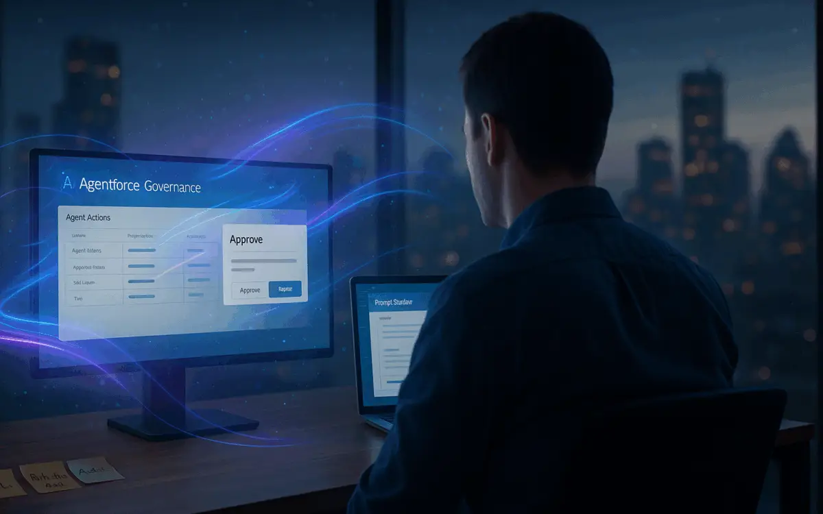 At dusk, a RevOps professional works at a desk with two screens: a monitor showing an “Agentforce Governance” dashboard with an on-screen Approve button, and a laptop displaying Prompt Builder, as a blue-purple AI glow arcs between the displays against a city skyline.