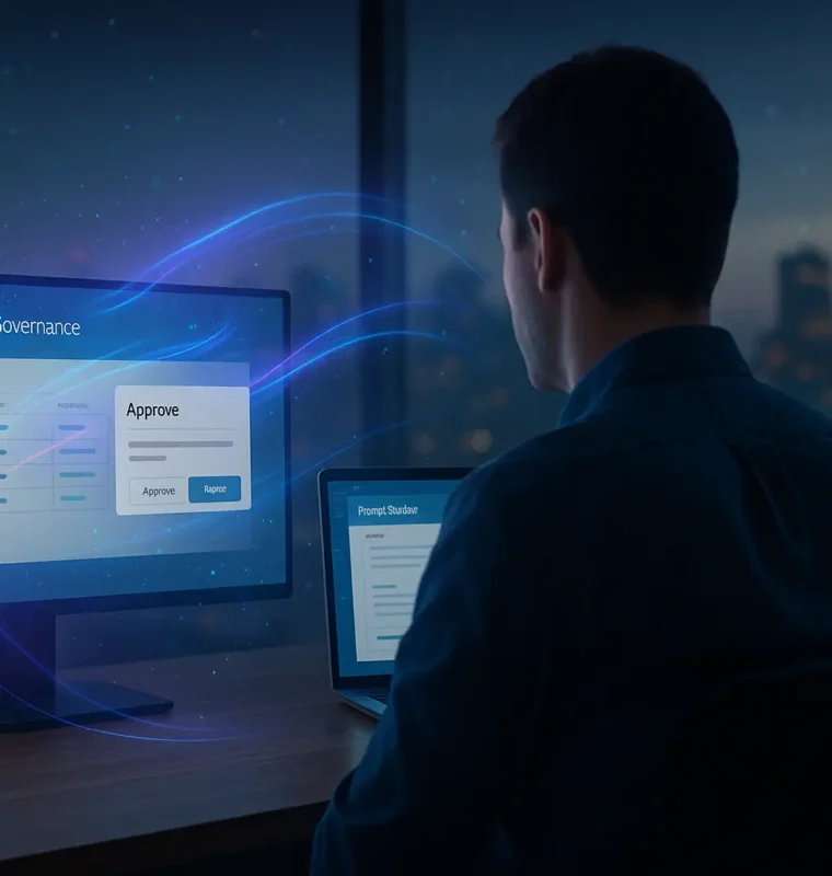 At dusk, a RevOps professional works at a desk with two screens: a monitor showing an “Agentforce Governance” dashboard with an on-screen Approve button, and a laptop displaying Prompt Builder, as a blue-purple AI glow arcs between the displays against a city skyline.