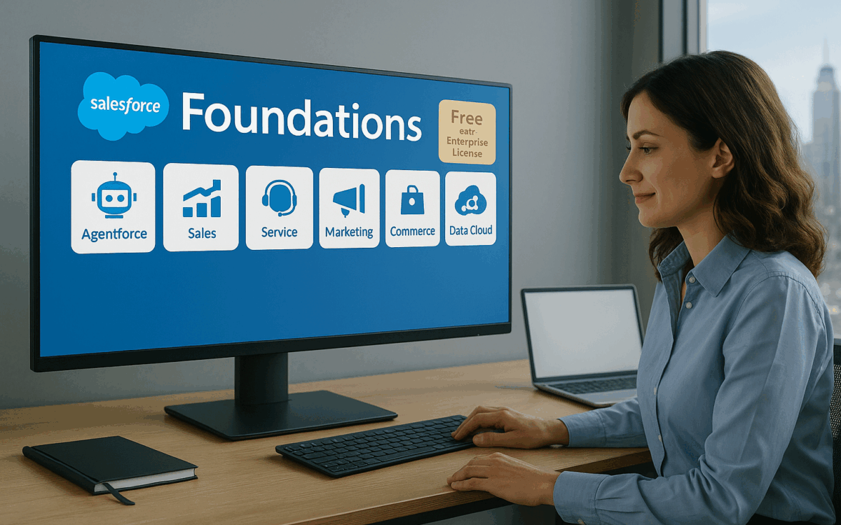 Office scene with a laptop and monitor showing a “Salesforce Foundations” dashboard and tiles for Agentforce, Sales, Service, Marketing, Commerce, and Data Cloud, with a note reading “Included with Enterprise—No Extra Cost.”