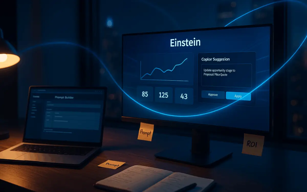 Professional at a desk reviews a “Salesforce Einstein” analytics dashboard on a monitor while a laptop shows Prompt Builder; a blue tech glow connects the screens against a night city skyline.