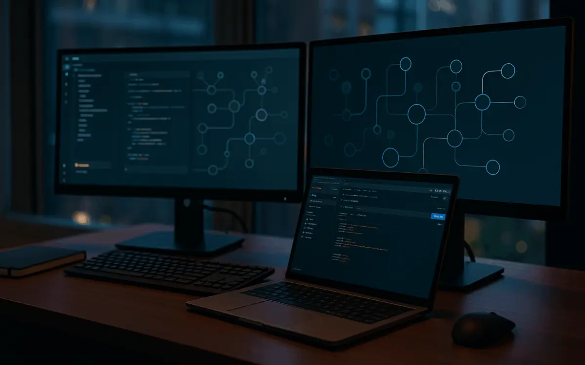 Modern workspace with a laptop displaying an abstract API integration flow connecting Salesforce to other applications; soft blue tech glow, no on-screen words.