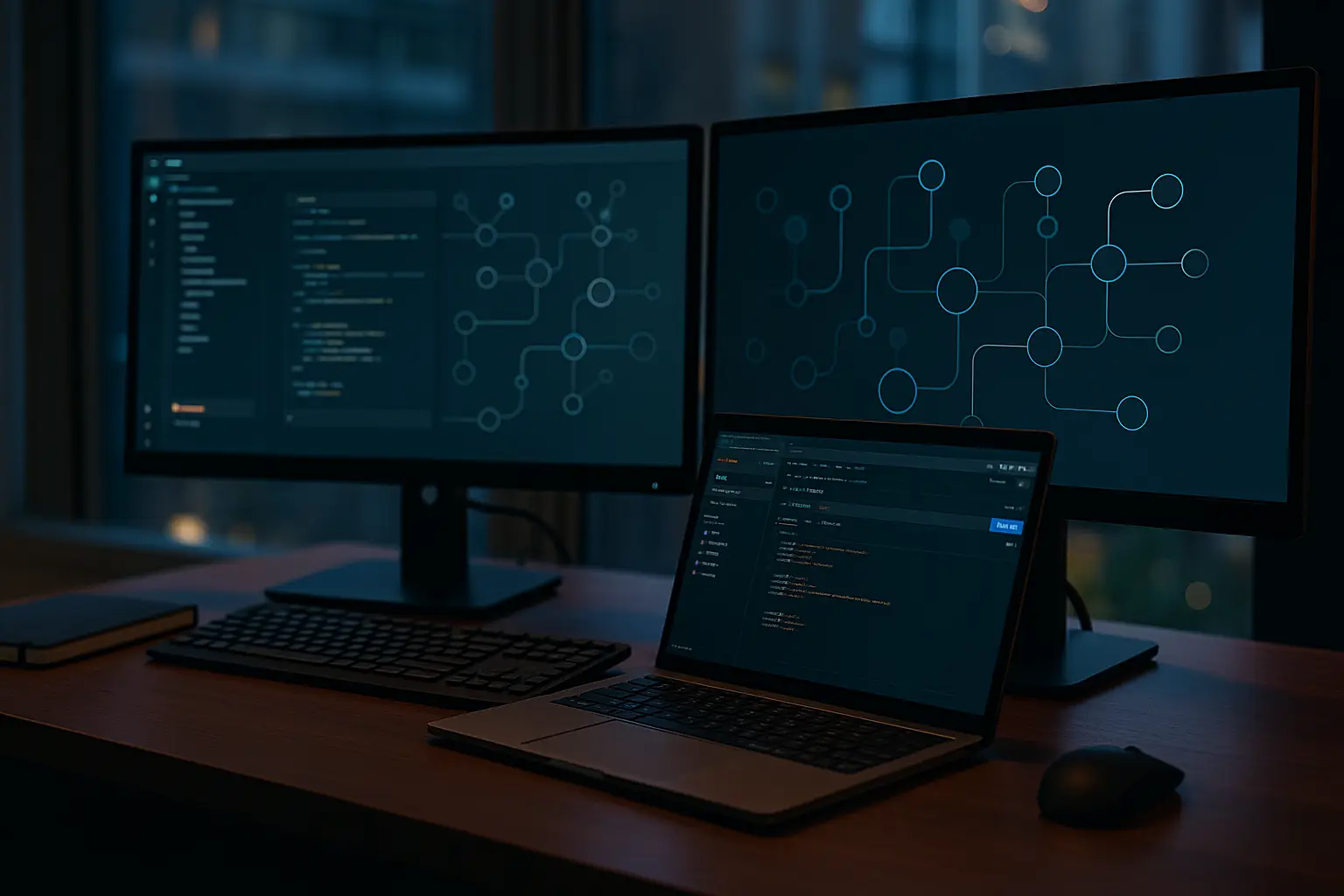 Modern workspace with a laptop displaying an abstract API integration flow connecting Salesforce to other applications; soft blue tech glow, no on-screen words.