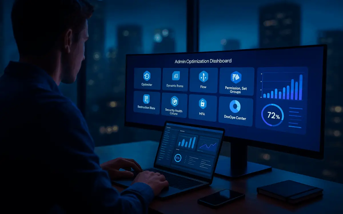 Salesforce administrator at a desk reviews an admin dashboard on a widescreen monitor while a laptop shows Setup/Flow; a subtle blue tech glow links the screens against a city skyline.