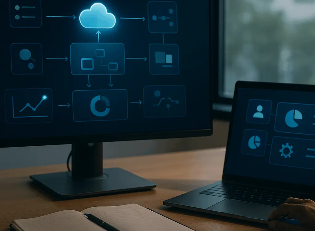 Modern desk with dual monitors showing abstract data-flow diagrams and a layered architecture dashboard; laptop and monitor display nodes and connections representing Salesforce objects, integrations, security, and analytics—no on-screen words.