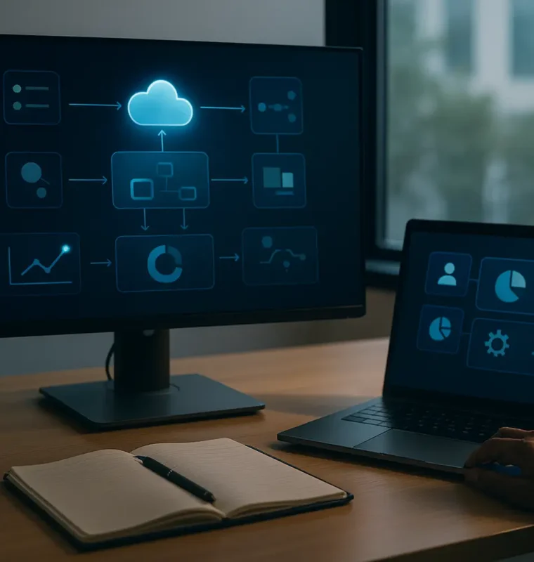 Modern desk with dual monitors showing abstract data-flow diagrams and a layered architecture dashboard; laptop and monitor display nodes and connections representing Salesforce objects, integrations, security, and analytics—no on-screen words.