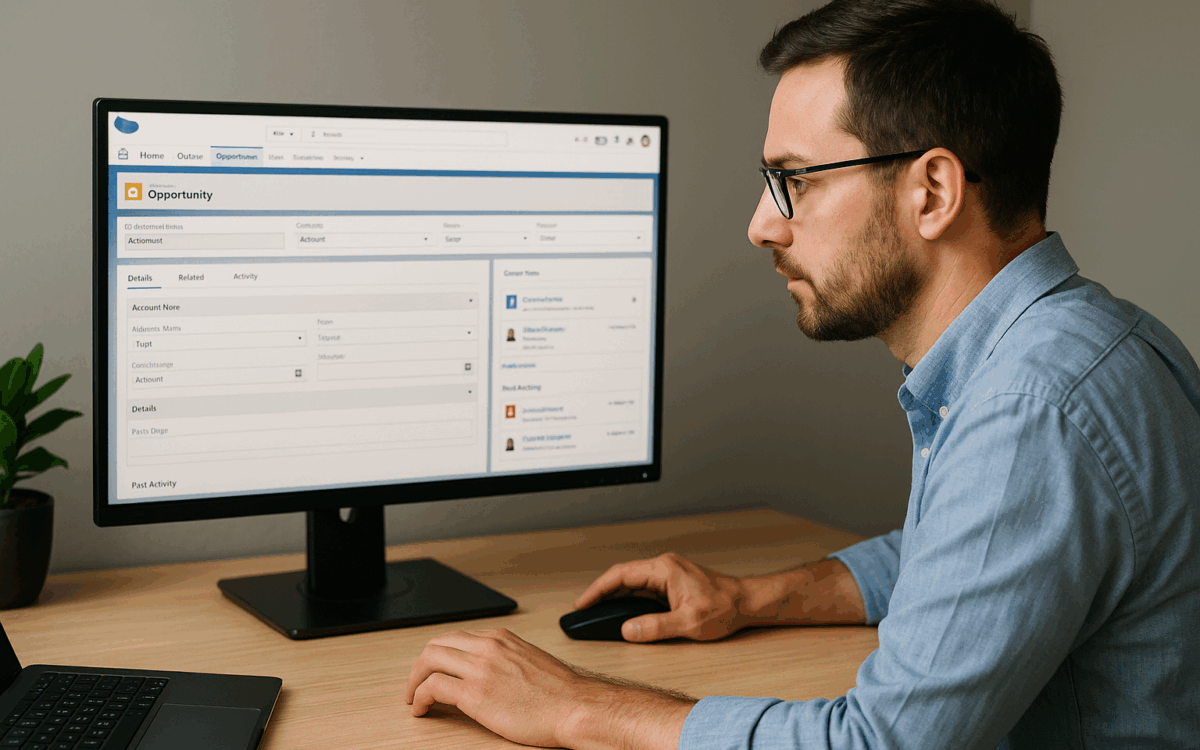 Man in glasses working on Salesforce at a desk, viewing a clean page layout on a widescreen monitor in a modern office.