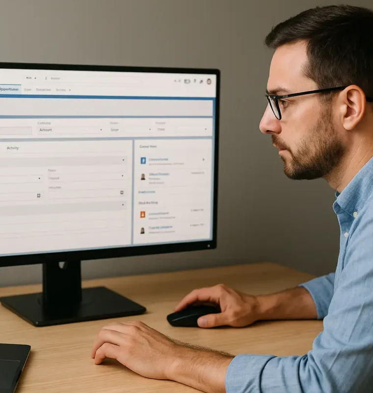 Man in glasses working on Salesforce at a desk, viewing a clean page layout on a widescreen monitor in a modern office.