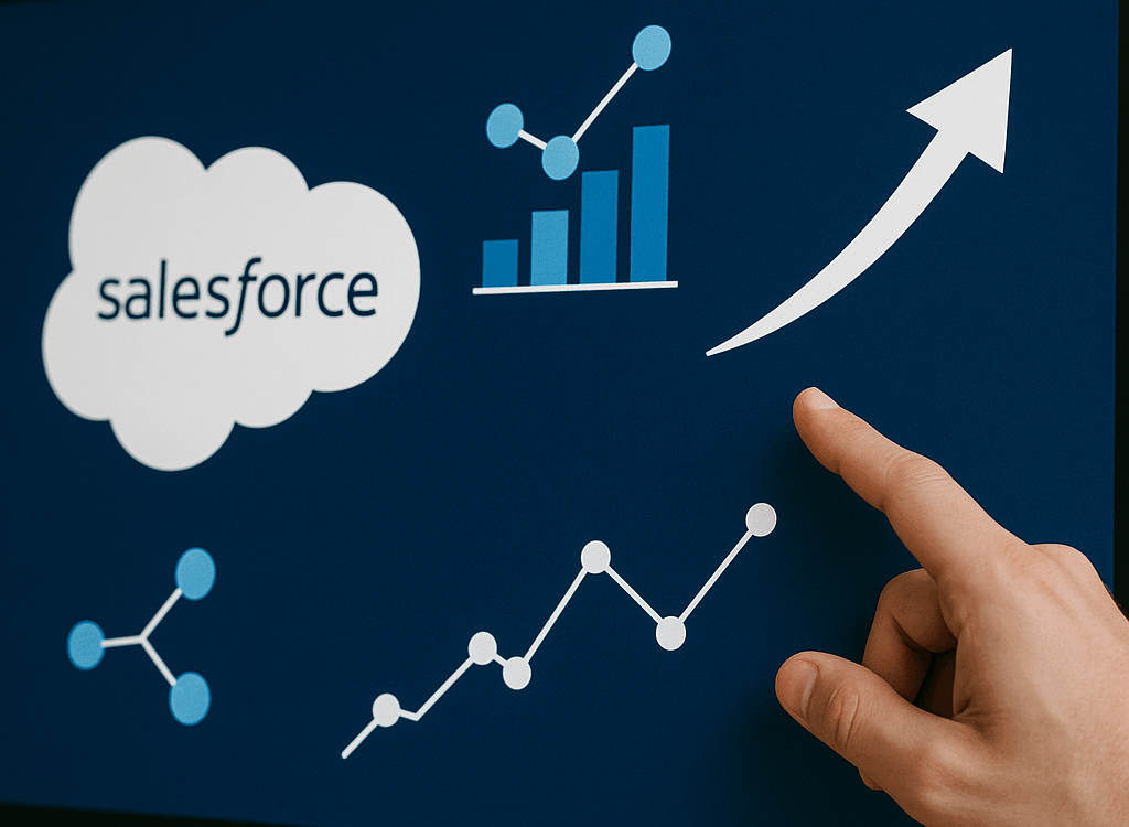 A hand points to a digital screen displaying the Salesforce cloud logo with charts, graphs, and arrows, symbolizing data transforming into business decisions.