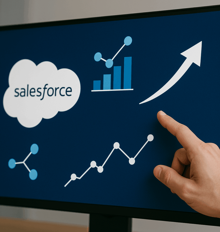 A hand points to a digital screen displaying the Salesforce cloud logo with charts, graphs, and arrows, symbolizing data transforming into business decisions.