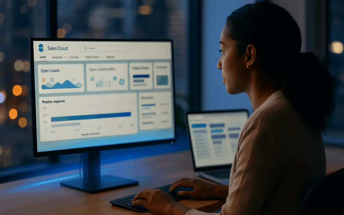 Sales professional at a desk reviews a Sales Cloud pipeline dashboard on a widescreen monitor while a laptop shows CRM activities; bright natural light, no on-screen words.