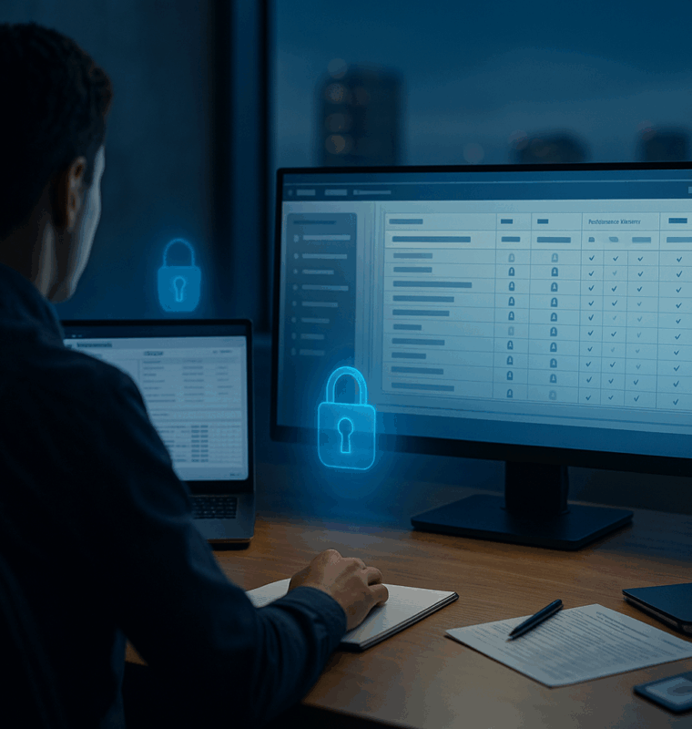 Security-conscious Salesforce admin at a desk reviews a permissions matrix and audit logs on a widescreen monitor while a laptop shows Setup; subtle blue tech glow with a city skyline in the background.